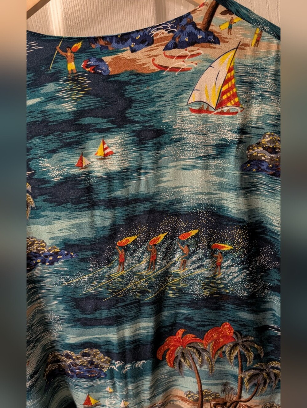 Blue Hawaiian Surfer Print Button-Front Short Sleeve Top, Rayon - Picture 7 of 7